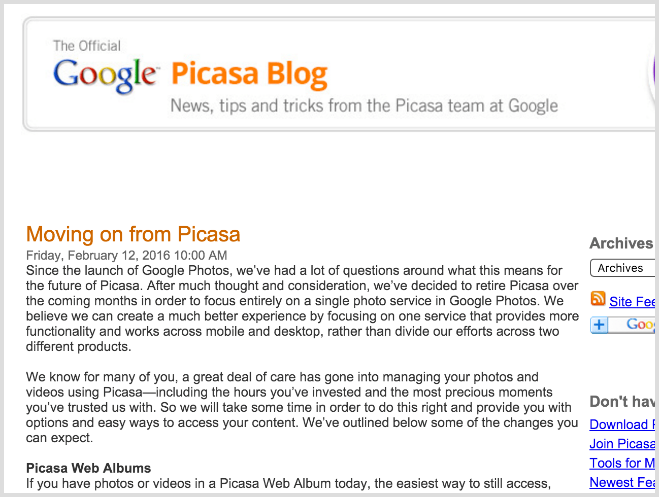 Screenshot from Google Picasa Blog