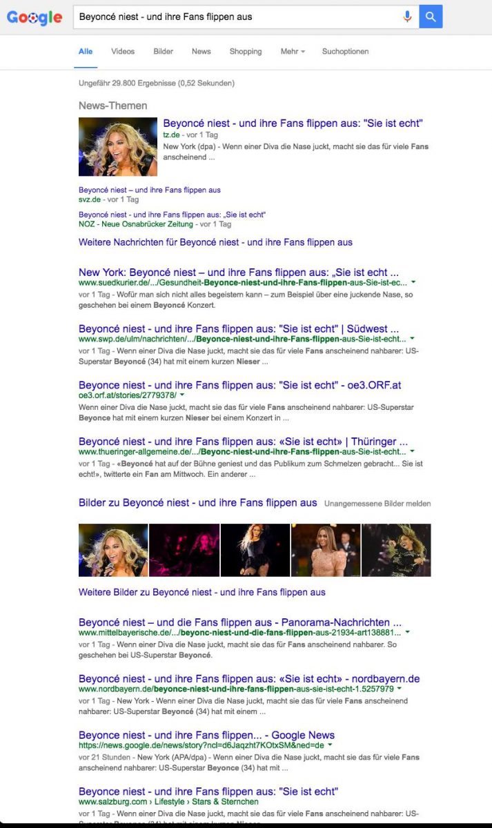 Bildschirmfoto eines Google-Suchergebnisses mit dem Term "Beyonce niest"