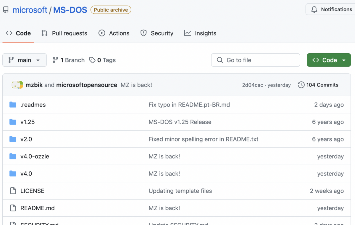 Screenshot vom MS-DOS Repository auf GitHub.com